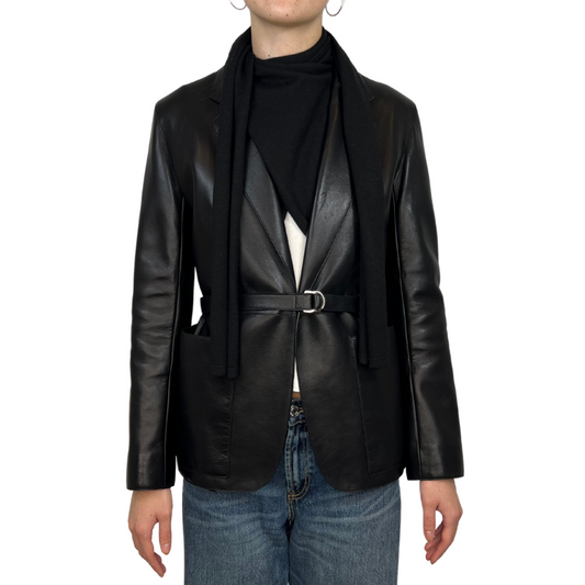Hermes Black Leather Blazer with Built in Cashmere Wrap