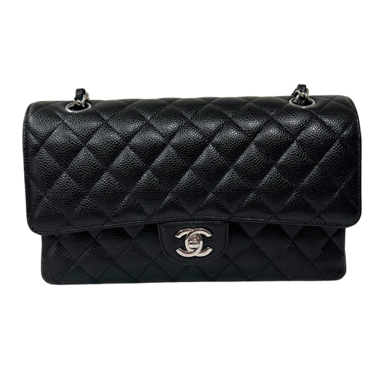 Chanel Black Caviar Medium Double Flap Handbag Silver