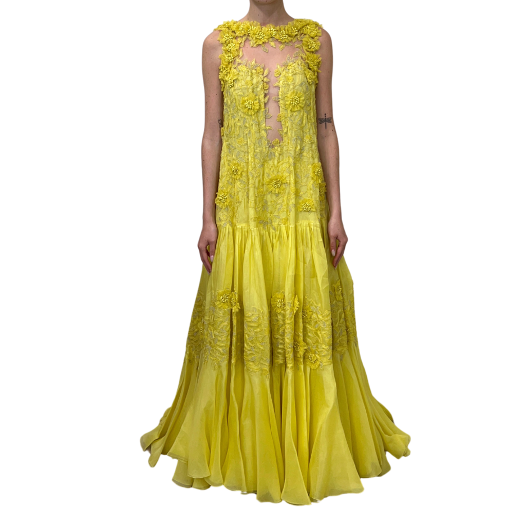 George Chakra Yellow Floral Applique Gown