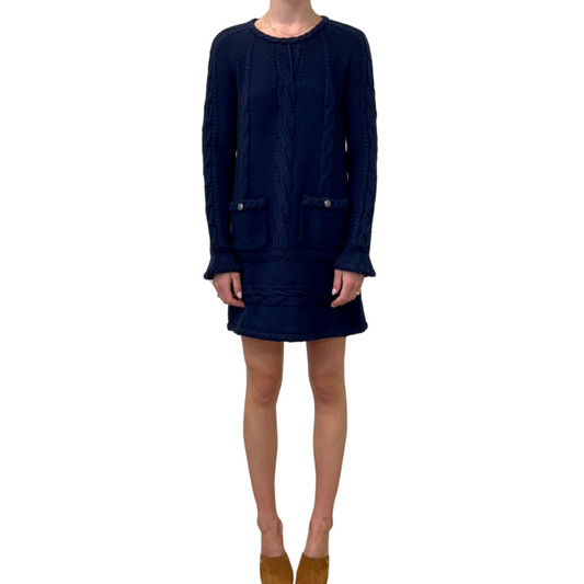 Chanel Navy Cashmere Blend Cable Knit Sweater Dress