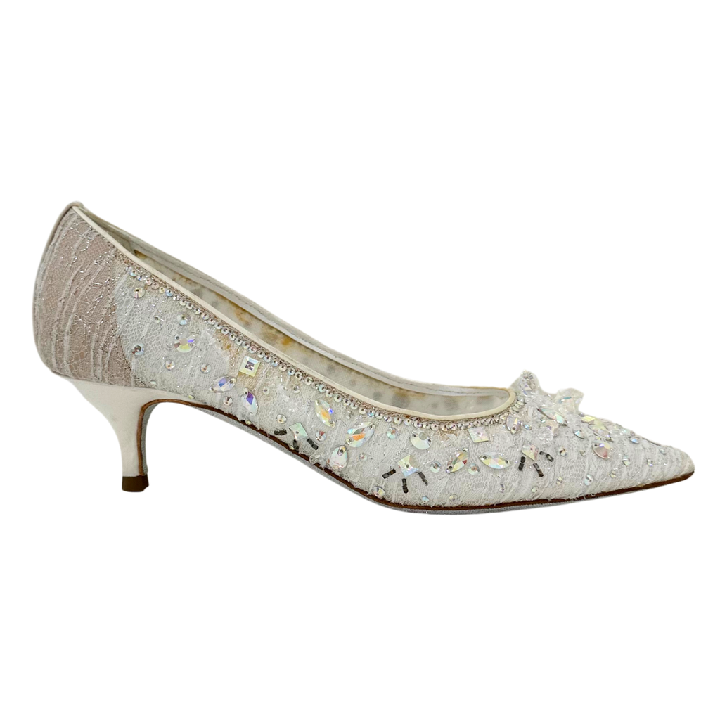 Rene Caovilla Silver Sparkly Kitten Heel, 37.5