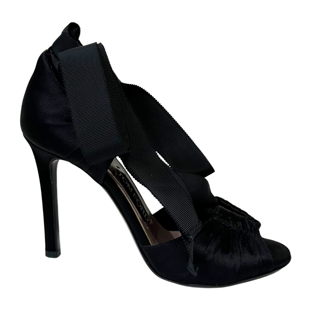 Tom Ford Black Satin Strappy Heels, 37.5