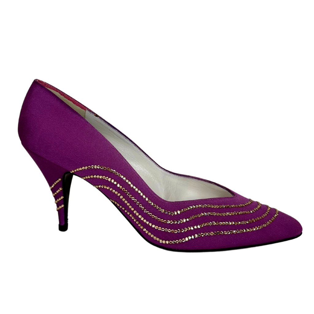 Stewart Weitzman Purple Satin Heel with Rhinestone Detail, 38.5