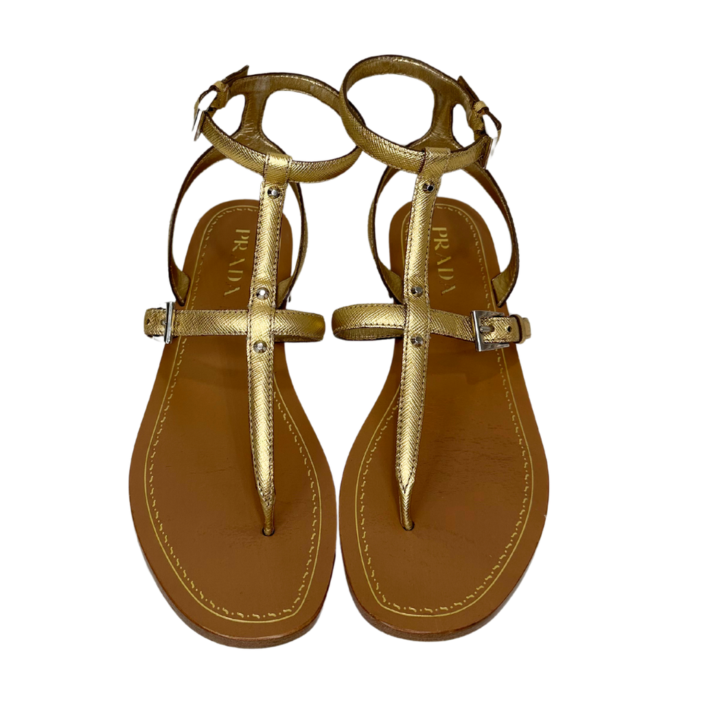 Prada Gold T-Thong Flat Sandal, 38