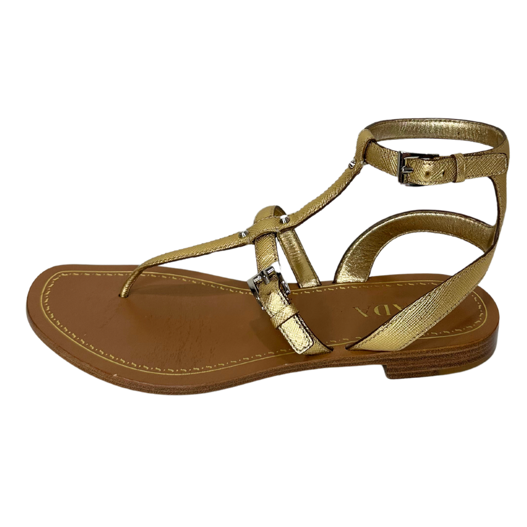 Prada Gold T-Thong Flat Sandal, 38