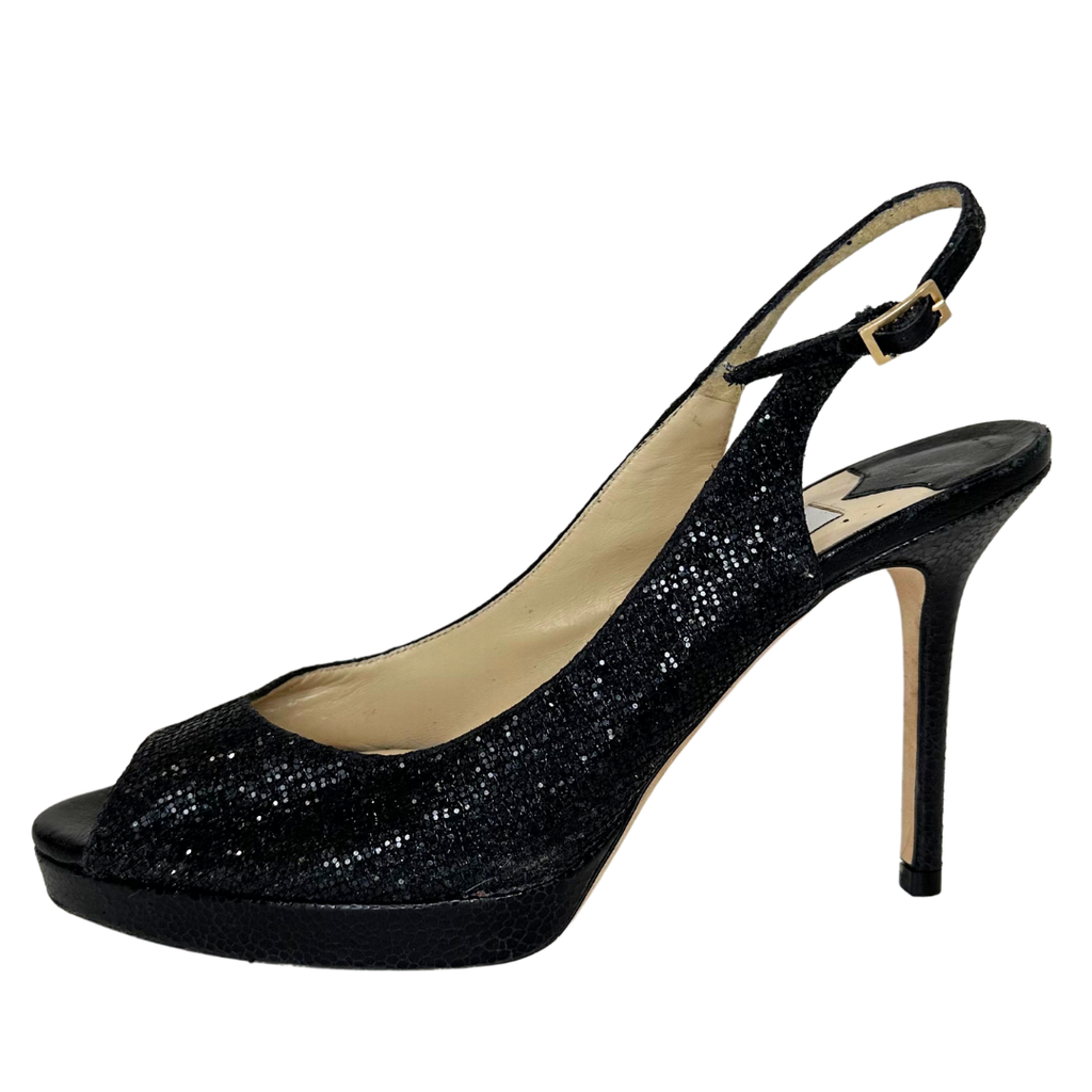 Jimmy Choo Black Shiny Heel with Open Toe, 38.5