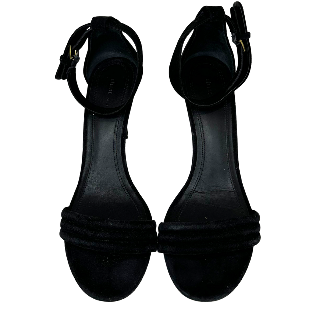 Celine Black Suede Ankle Strap Stilettos, 39