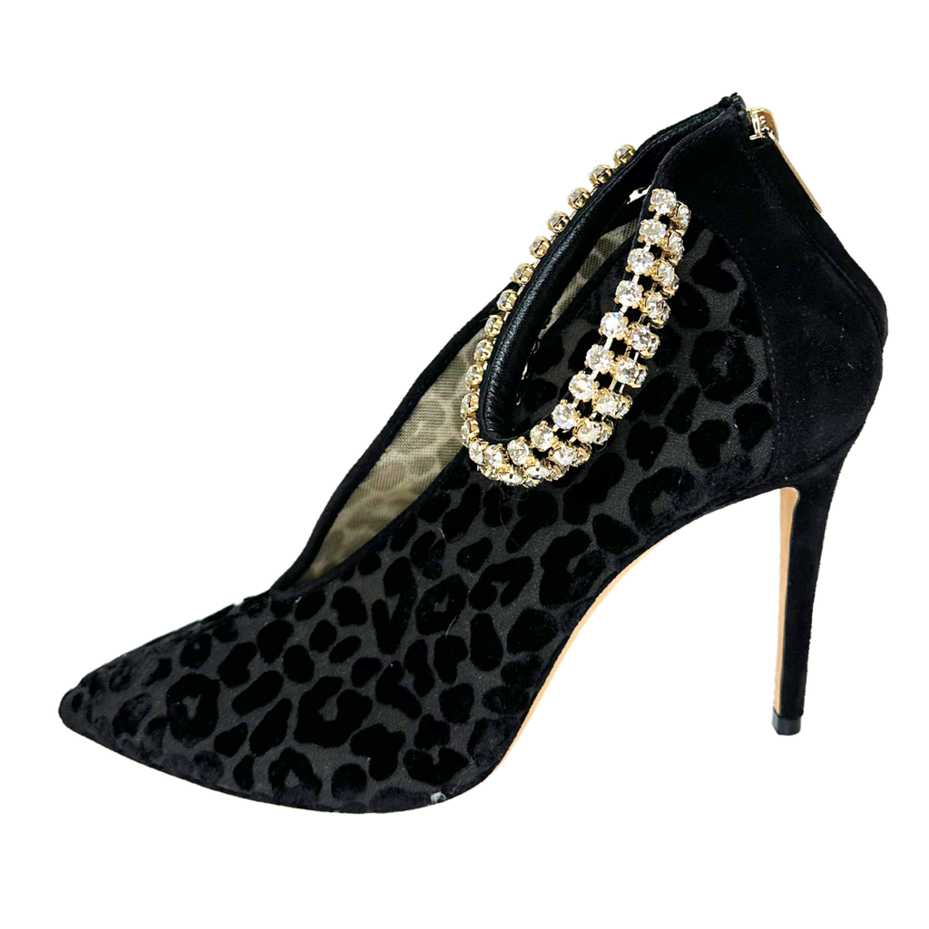 Jimmy Choo Black Leopard Rhinestone Ankle Strap Shoe, 39.5