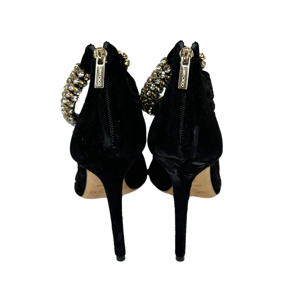 Jimmy Choo Black Leopard Rhinestone Ankle Strap Shoe, 39.5