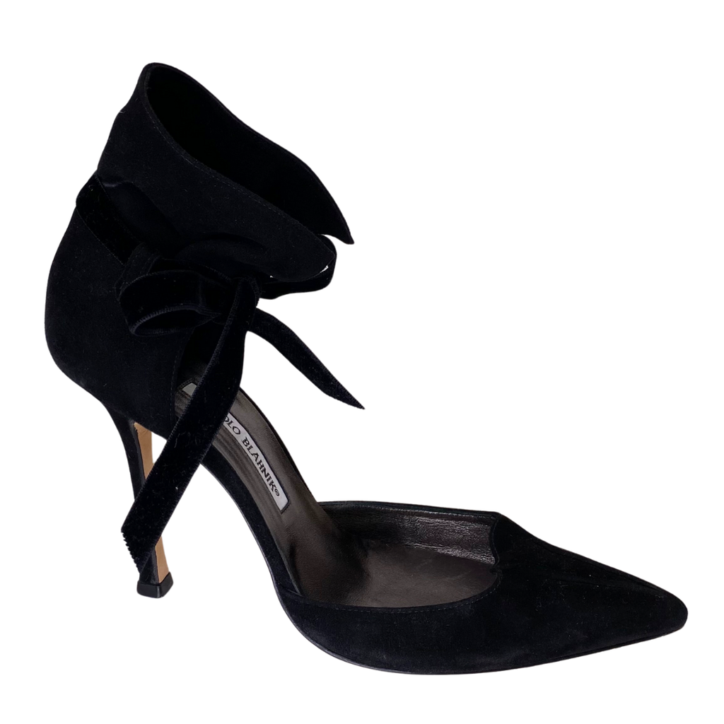 Manolo Blahnik Black Suede Pointed Heel with Ruffle Ankle Cuff, 40.5