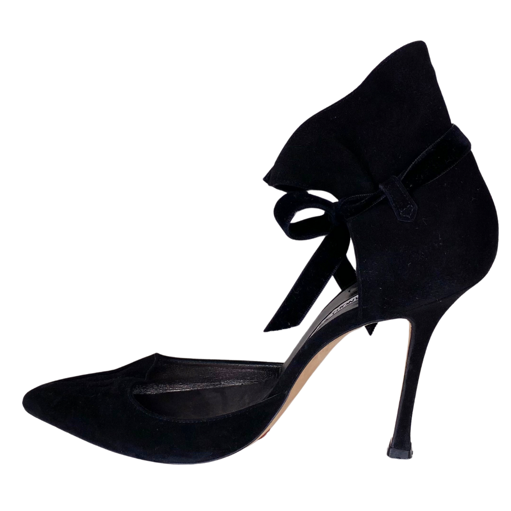 Manolo Blahnik Black Suede Pointed Heel with Ruffle Ankle Cuff, 40.5