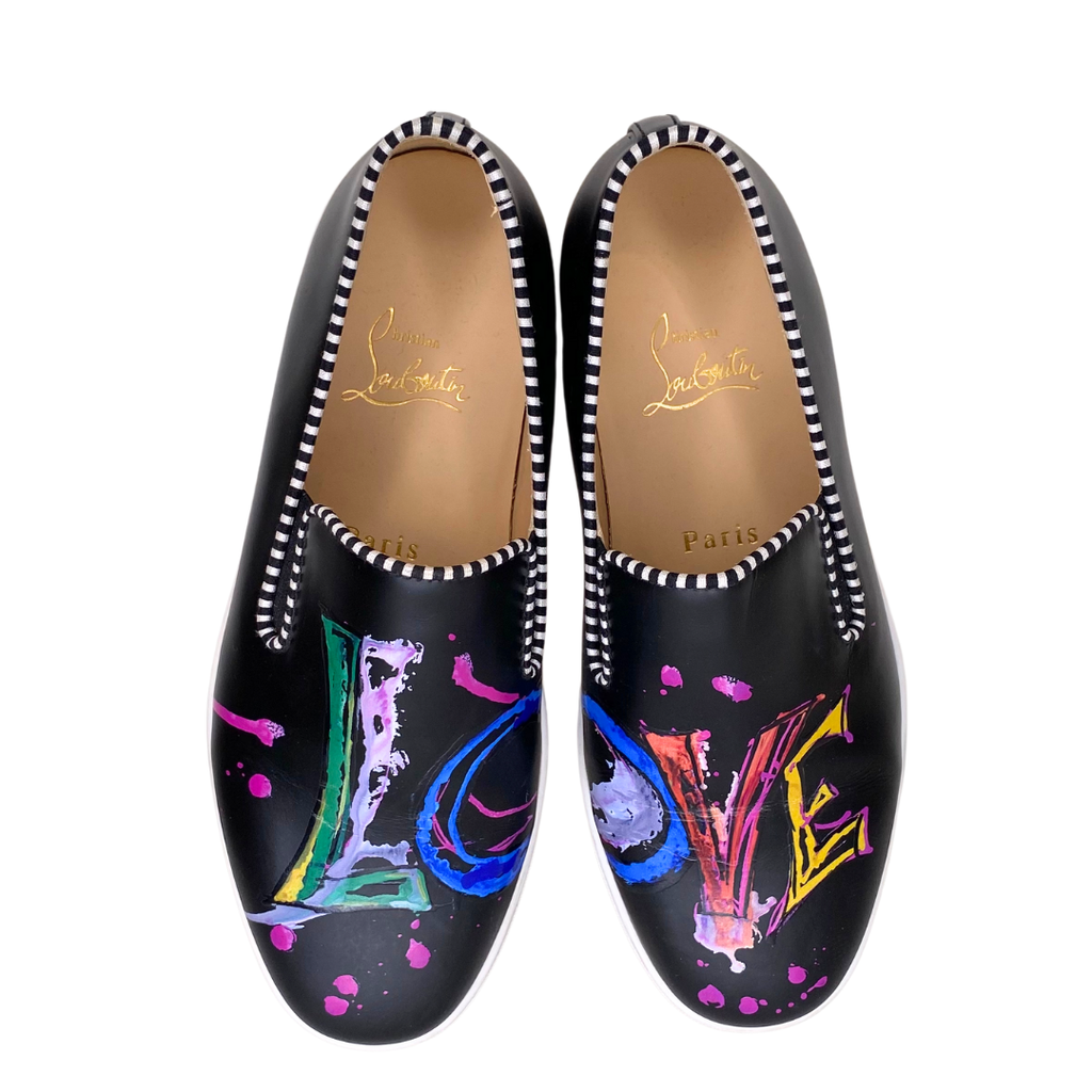 Louboutin Black Leather Paint Splatter Slip On Sneakers, 36