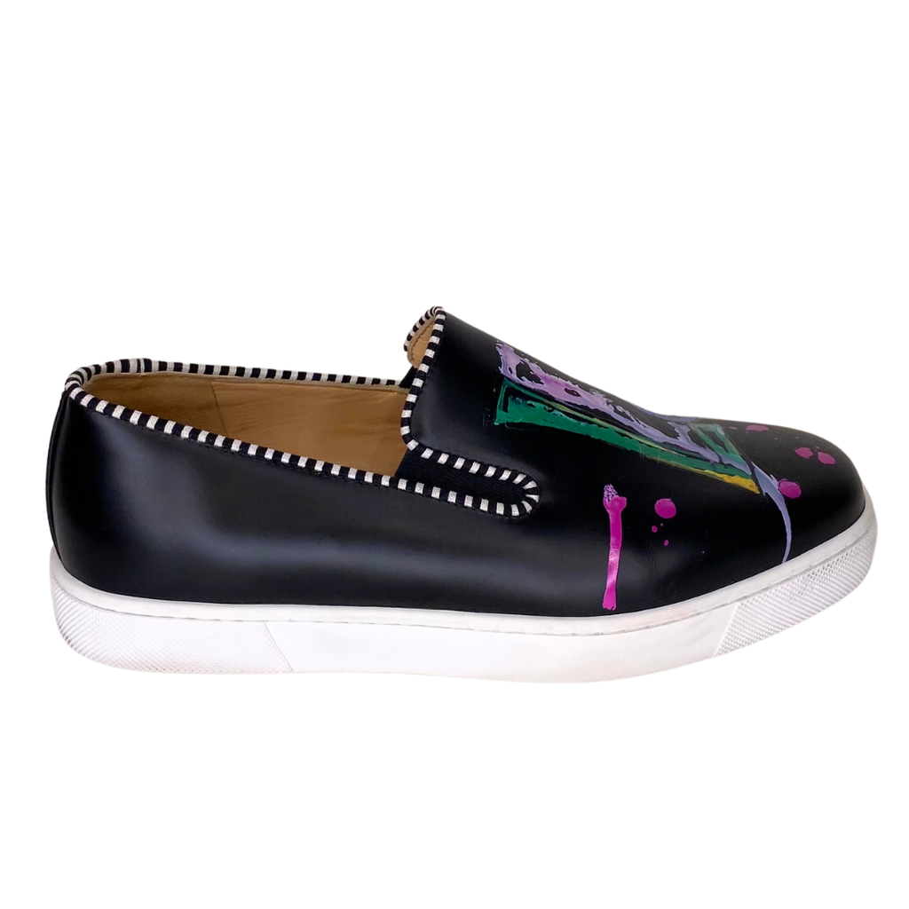 Louboutin Black Leather Paint Splatter Slip On Sneakers, 36