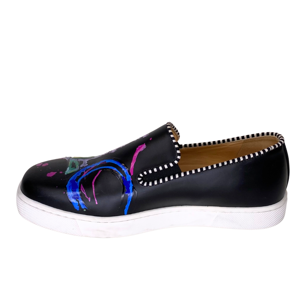 Louboutin Black Leather Paint Splatter Slip On Sneakers, 36