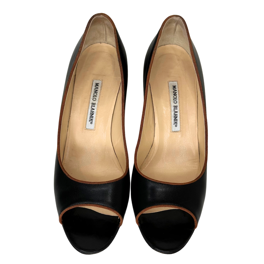 Black/Brown Trim Peep Toe Pump