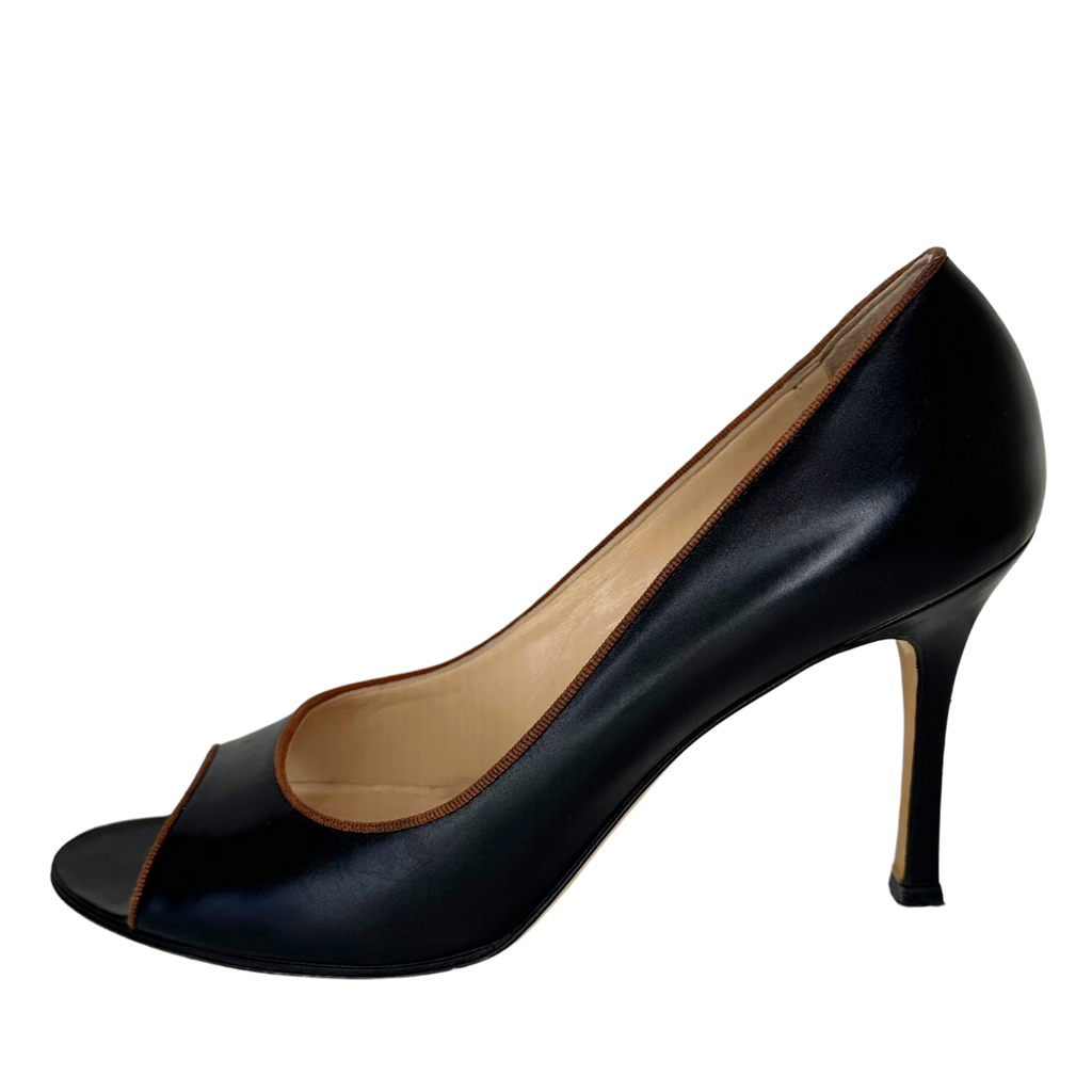 Black/Brown Trim Peep Toe Pump