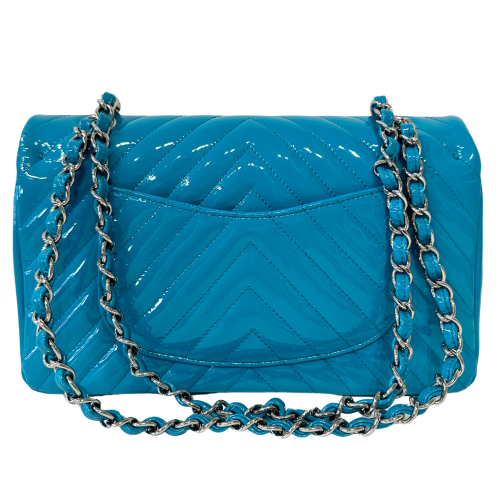 Chanel Chevron Flap Blue Patent Silver HW Medium 2015-2016