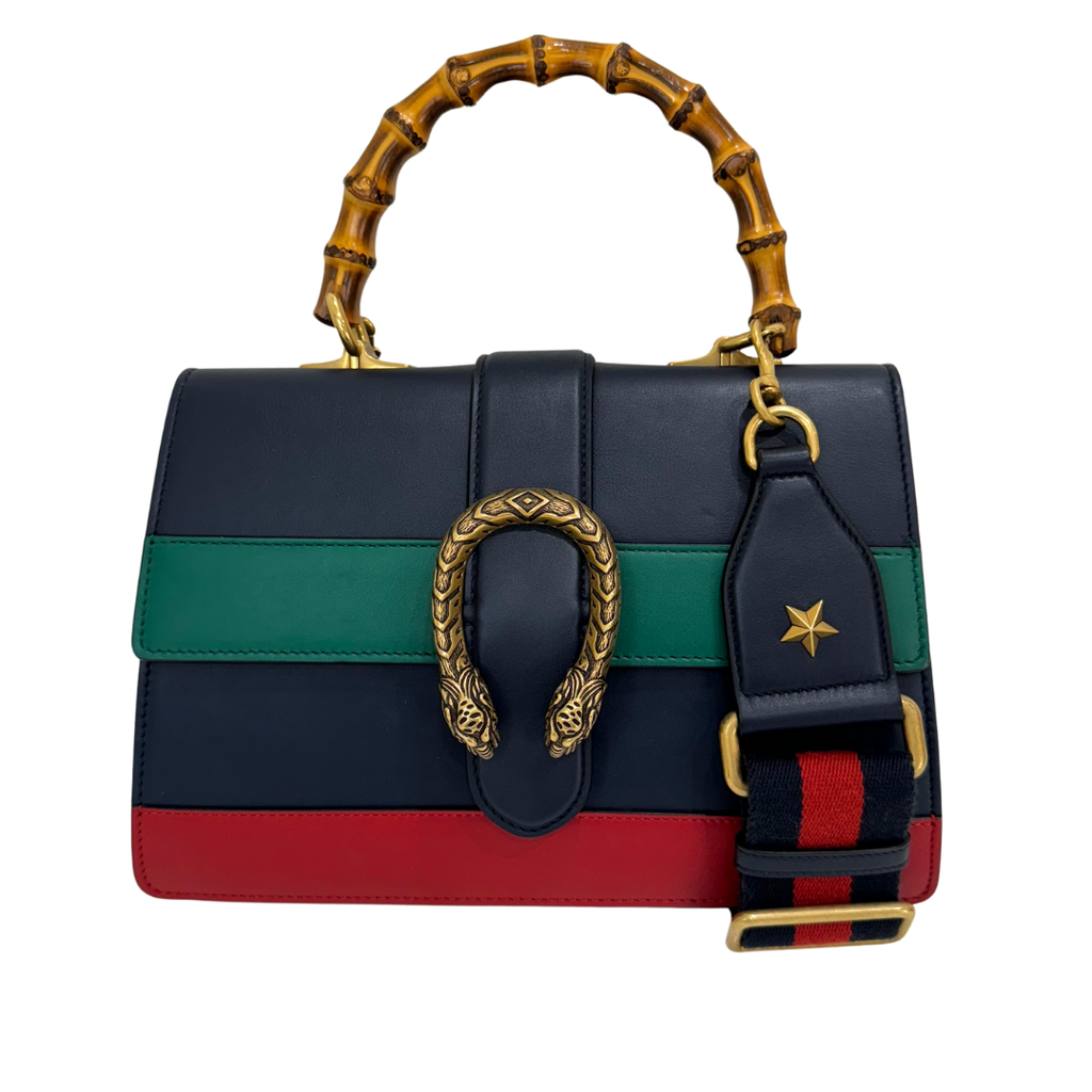 Gucci Striped Bamboo Handle Bag Blue & Multicolor Leather Gold HW