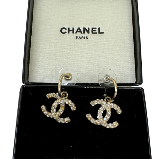 Chanel Gold CC Rhinestone Drop Earrings