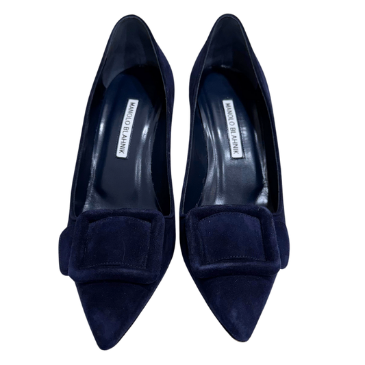 Manolo Blahnik Navy Suede Buckle Heels, 37.5