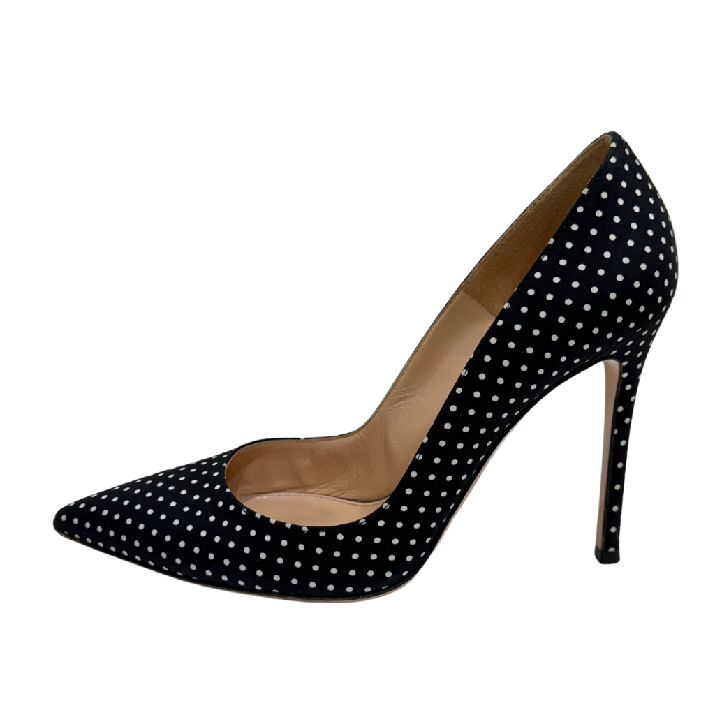 Gianvito Rossi Black Satin White Dot Pump, 38