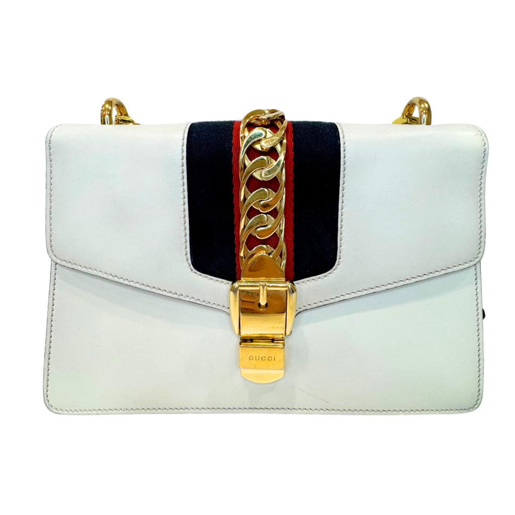 Gucci Web Accent Sylvie with 2 Straps White Leather Gold HW