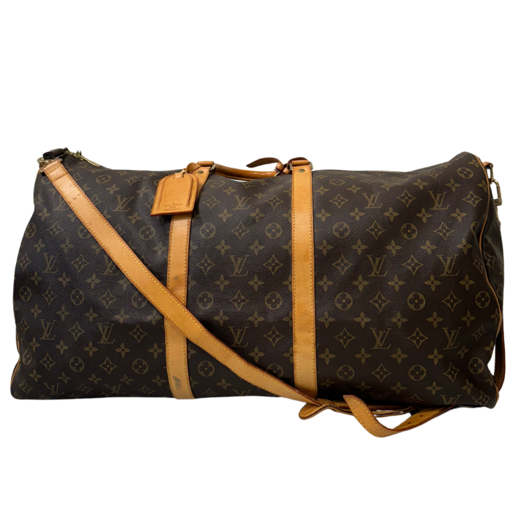 Louis Vuitton Monogram Keepall Bandoliere Brown Coated Canvas Gold HW 60