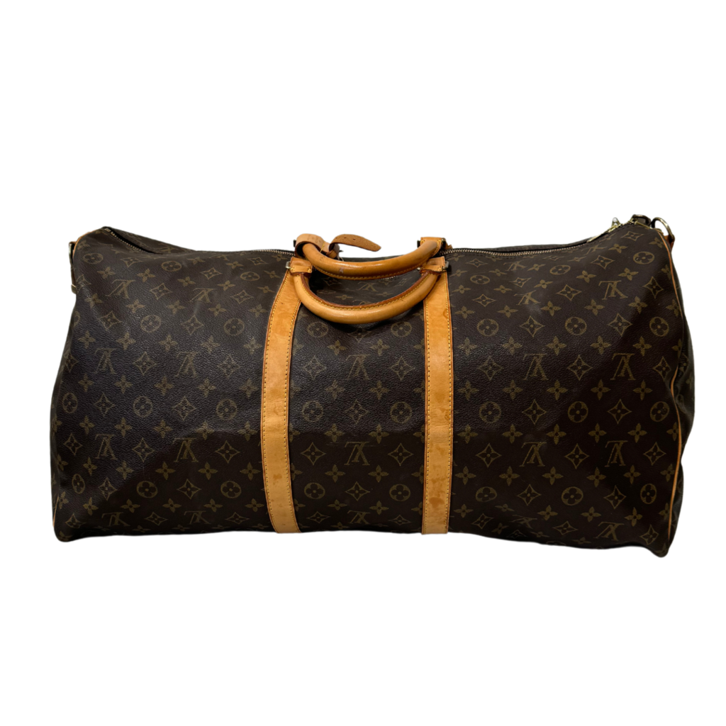 Louis Vuitton Monogram Keepall Bandoliere Brown Coated Canvas Gold HW 60