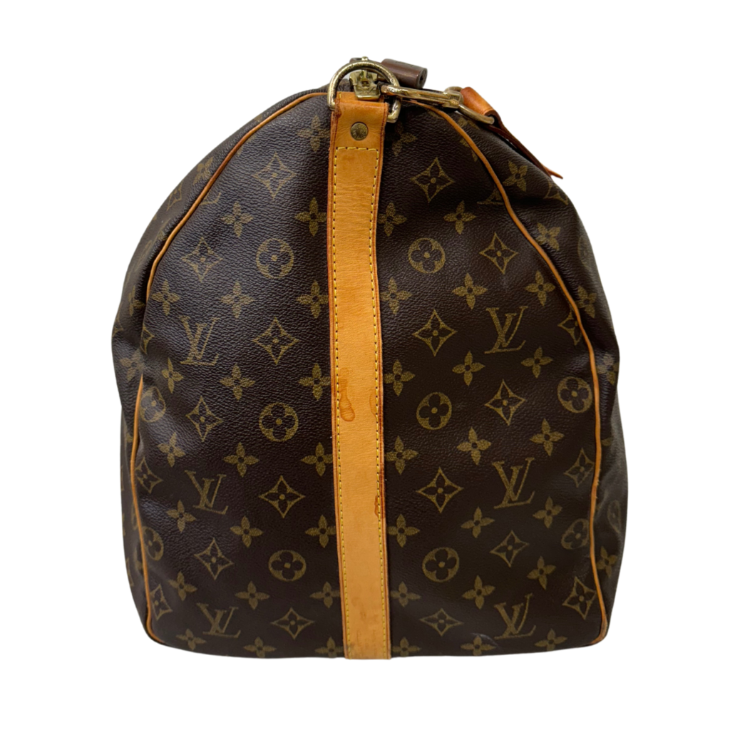 Louis Vuitton Monogram Keepall Bandoliere Brown Coated Canvas Gold HW 60