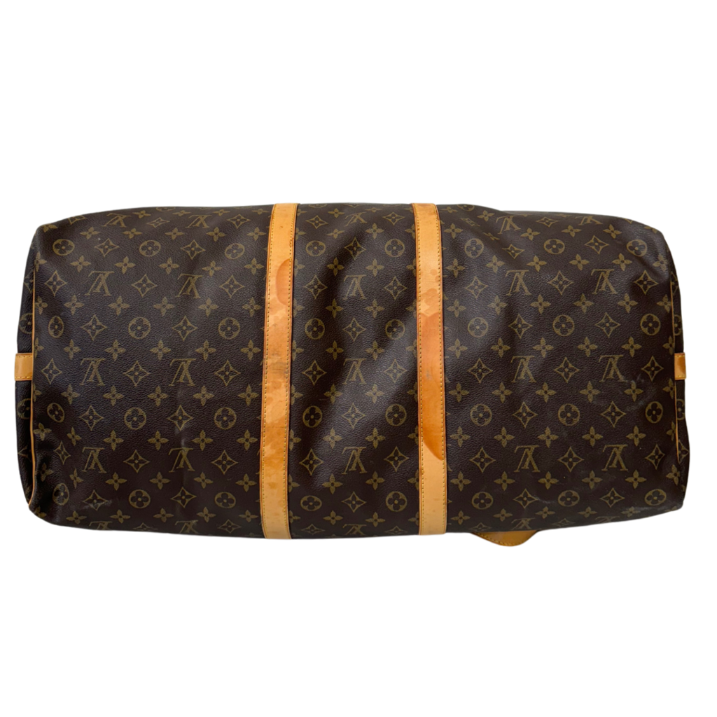 Louis Vuitton Monogram Keepall Bandoliere Brown Coated Canvas Gold HW 60