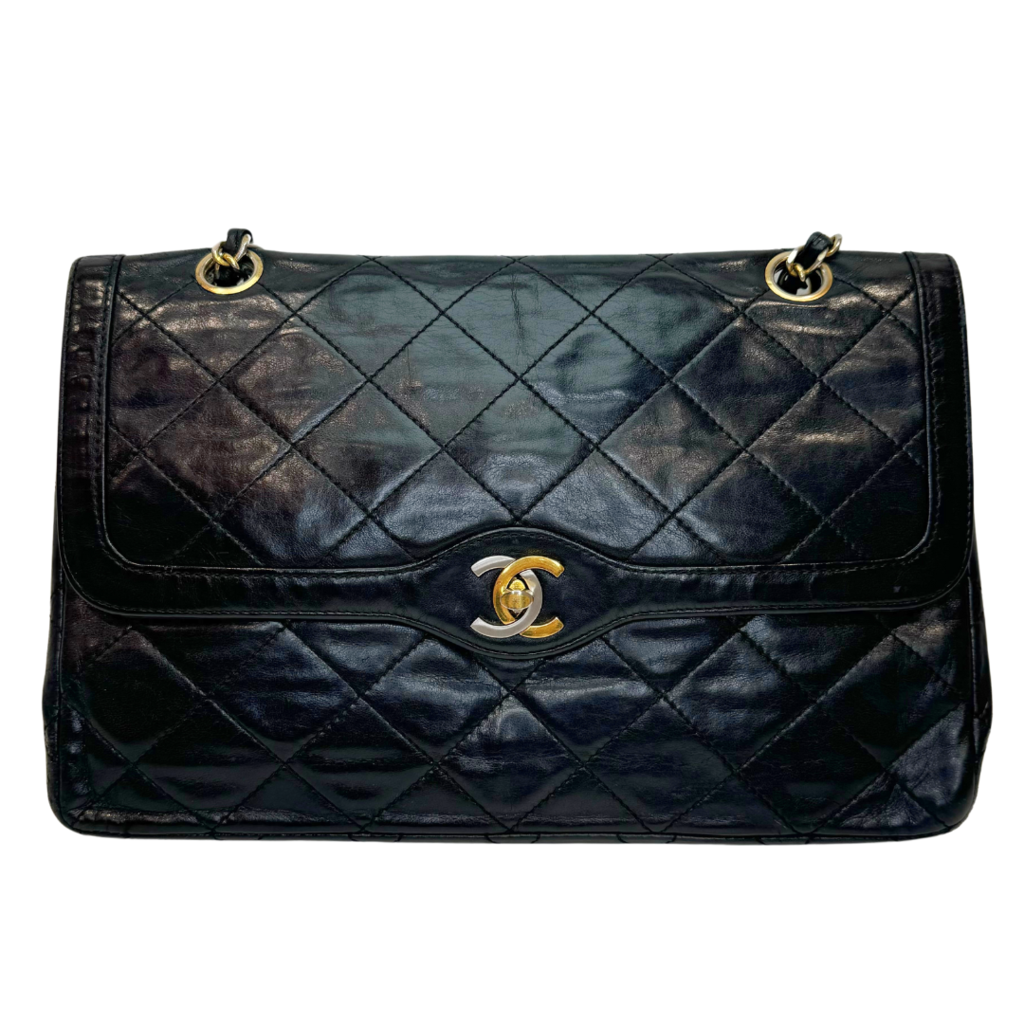 Vintage Chanel Black Quilted Lambskin Paris Double Flap Bag Gold & Silver HW 1986-1988