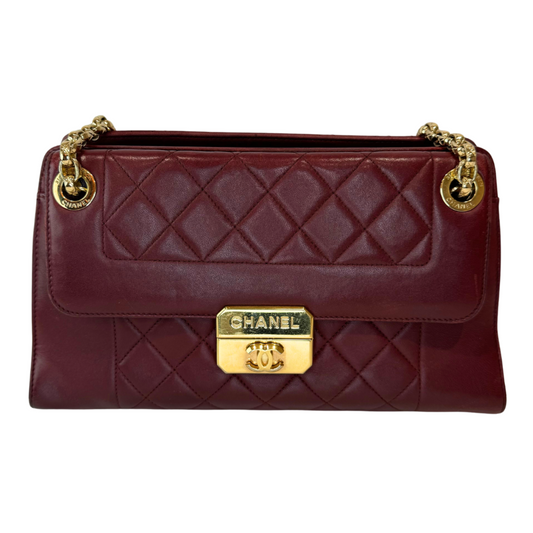 Chanel Burgundy Quilted Lambskin Lock Hardware Tote