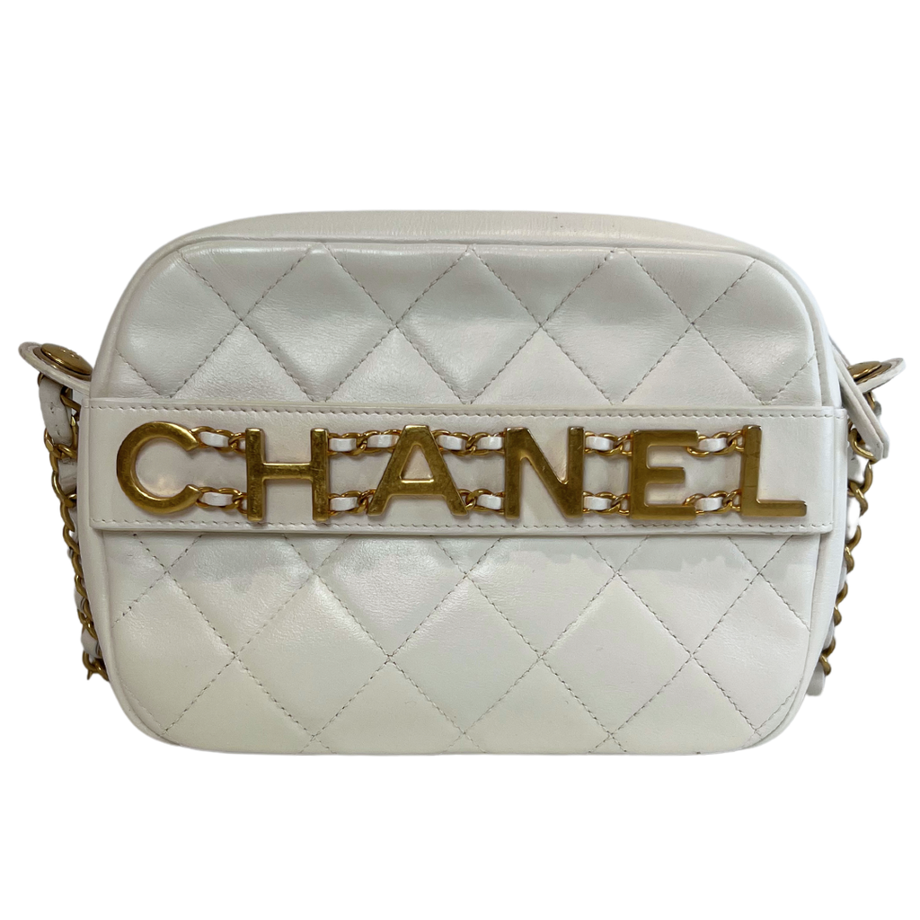 Chanel White Calfskin Quilted Camera Bag W/ Logo