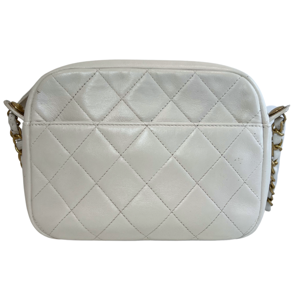 Chanel White Calfskin Quilted Camera Bag W/ Logo