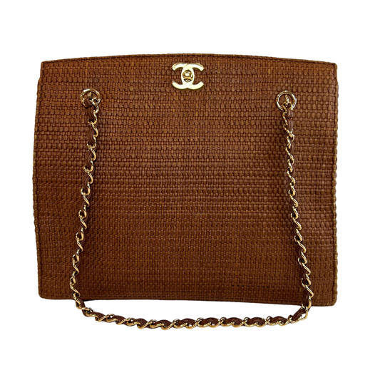 Chanel Vintage Brown Raffia Turnlock Chain Tote