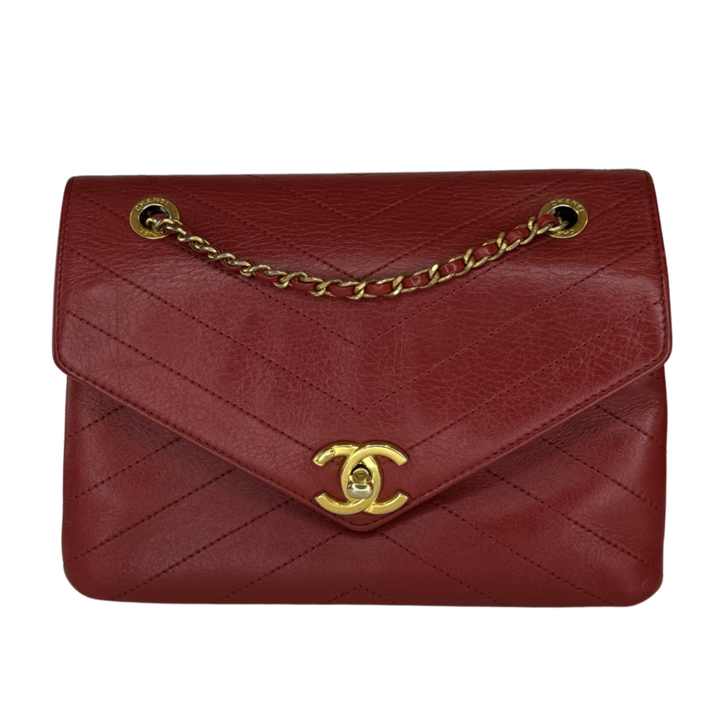 Chanel Red Chevron Stitched Lambskin Chain Bag 2018