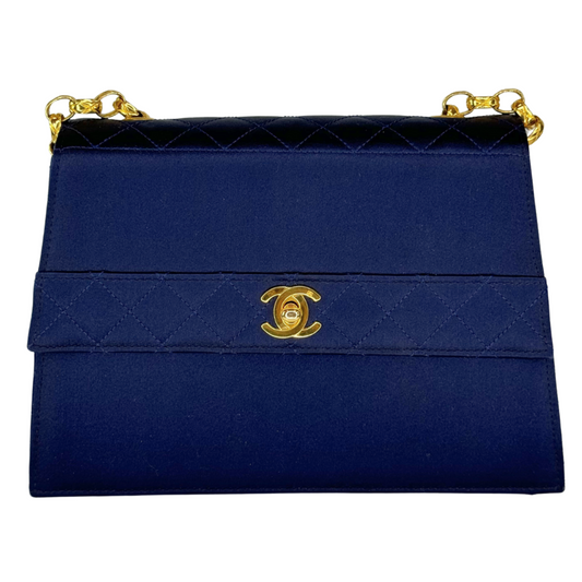 Chanel Navy Quilted Satin Trapeze Single Flap 1989-1991