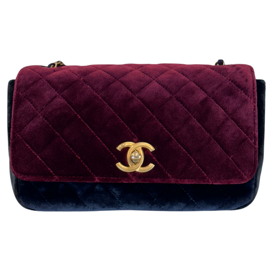 Chanel Burgundy Velvet Single Flap Camellia Bag