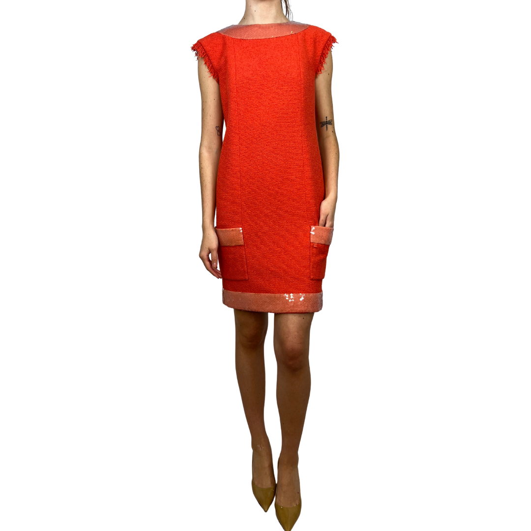 2008 Orange Tweed Sequin Fringe Sleeveless Dress, 38