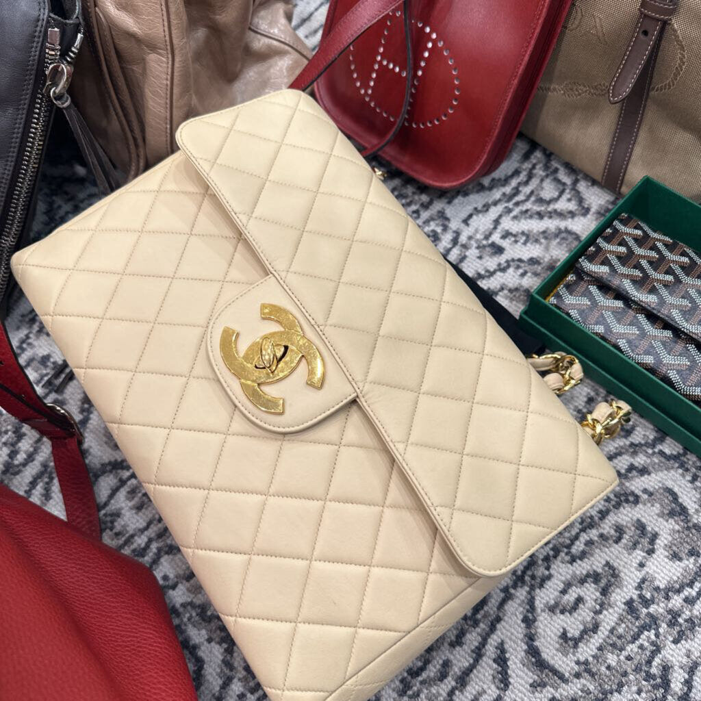 Beige Quilted Single Flap Bag